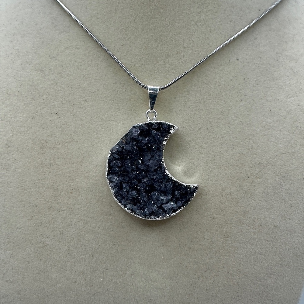 Silver Plated Druzy Amethyst Crescent Moon Pendant Necklace on Snake Chain